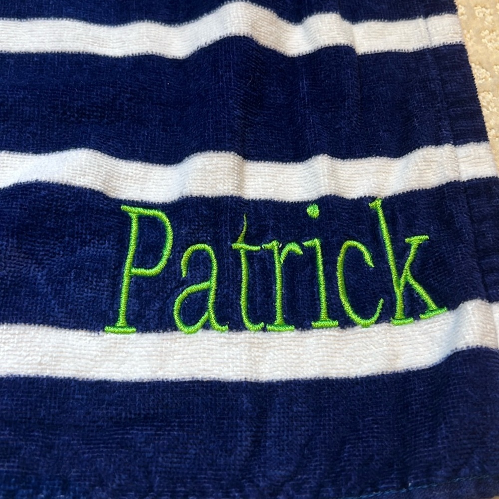 Viv and Lou baby navy white striped hooded towel “Patrick” toddler embroidered